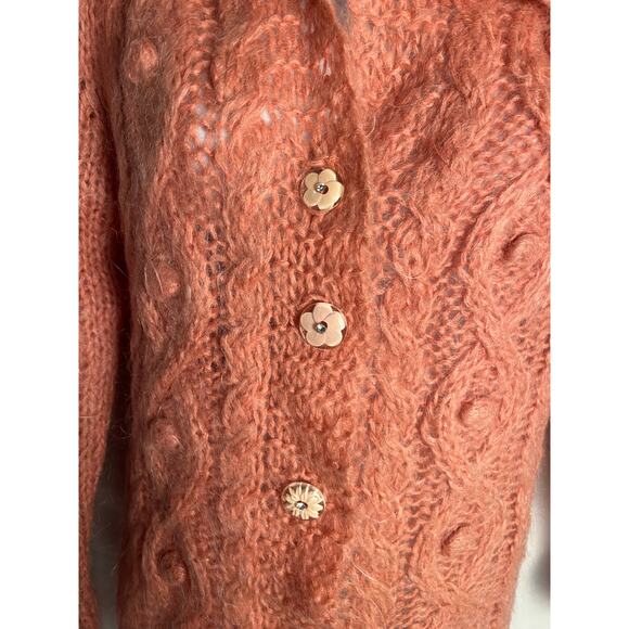 Free People Pink Mohair Blend Cable Knit Cardigan Sweater Size mMBoho - Picture 2 of 8